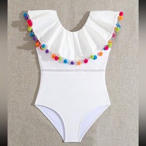 Girl Vacation Ruffle Trim Colorful Pom Pom Decoration Simple One Piece Swimsuit